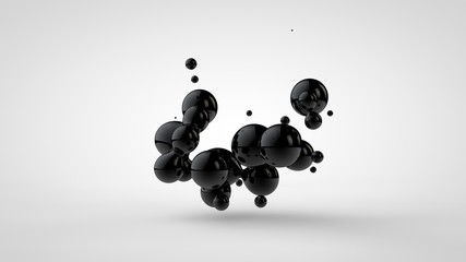 3D illustration of black oil droplets randomly spaced and isolated on a white background. 3D rendering, abstract image of chaos and disorder.