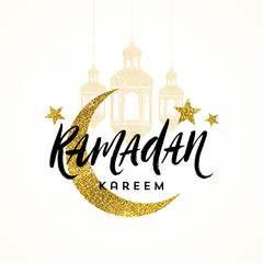 Ramadan Kareem greeting card - Brush calligraphy greeting, glitter gold moon, stars and  hand drawn lanterns. Vector illustration.