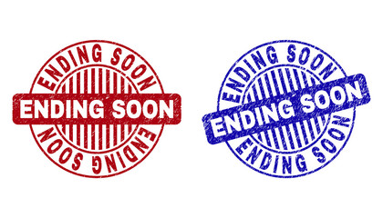 Grunge ENDING SOON round stamp seals isolated on a white background. Round seals with grunge texture in red and blue colors. Vector rubber imprint of ENDING SOON label inside circle form with stripes.