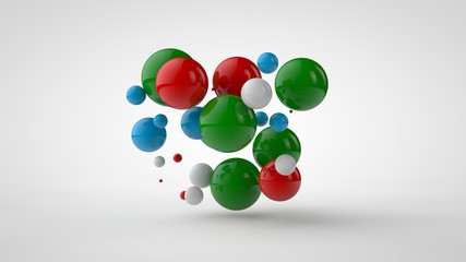 3D rendering of many colored balls of green, red, blue and white color. Spheres are randomly located in space have different sizes and different colors. 3D illustration isolated on white background
