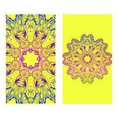 Ethnic Mandala Ornament. Templates With Mandalas. Vector Illustration For Congratulation Or Invitation. The Front And Rear Side. Yellow, rainbow color