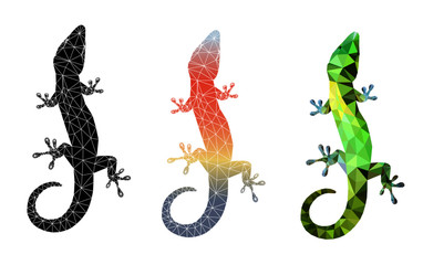 Set of 3 lizard silhouettes isolated on white background vector illustration Low poly triangular vector illustration .  Gecko polygonal style trendy modern logo design.  - obrazy, fototapety, plakaty