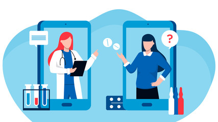Online doctor vector illustration concept, Online medical support. Online doctor. Healthcare services, Ask a doctor. Family female doctor, gynecologist with stethoscope on the screen