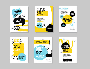 Modern sale banner template set. Grunge Vector illustration for shop promotion, banners, posters, email and newsletters. Modern clearence offer.