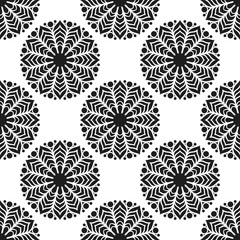 Seamless pattern with abstract flowers. Fashion textile print. Asian fabric background. Vector monochrome design. Perforation floral holes.