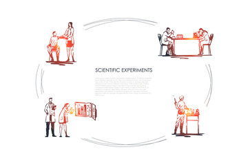 Scientific Experiment - medical workers making experiments with blood and tests in laboratory vector concept set