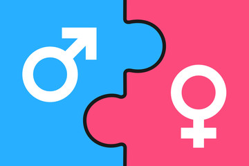 Puzzle - Man and woman / Male and female as complementary sex and gender - equal and  united balance in heterosexual relationship. Vector illustration