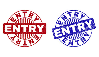 Grunge ENTRY round stamp seals isolated on a white background. Round seals with distress texture in red and blue colors. Vector rubber imitation of ENTRY tag inside circle form with stripes.