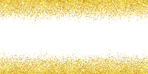 Gold glitter on white background, horizontal wide border. Vector