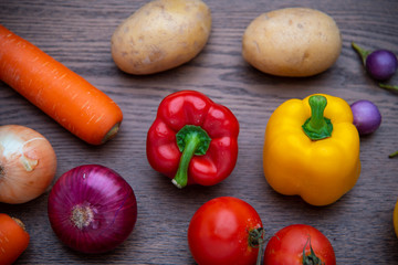 top view vegetables on wooden board