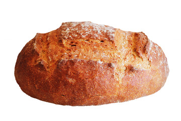 Freshly baked homemade bread loaf on white background .