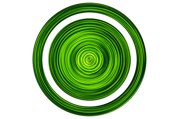 Green neon led light lines swirl. Round abstract circle shape button ring. Long exposure motion glow. 