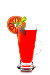 Fruit drink based on raspberry with red orange slice. Selective focus. Shallow depth of field. Isolated on white background.