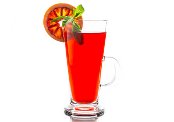Fruit drink based on raspberry with red orange slice. Selective focus. Shallow depth of field. Isolated on white background.