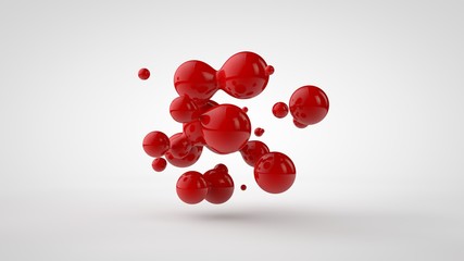 3D rendering of a plurality of drops of the red liquid looked like blood, juice. Drops of different shapes, different sizes randomly arranged in space, isolated on a white background. 3D illustration