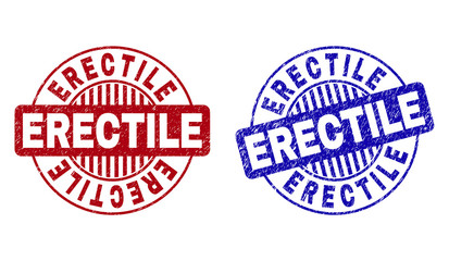 Grunge ERECTILE round stamp seals isolated on a white background. Round seals with grunge texture in red and blue colors. Vector rubber watermark of ERECTILE caption inside circle form with stripes.