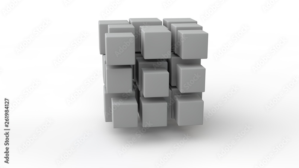 Poster 3d rendering of a set of cubes located in space, of different size, white color, isolated on a white