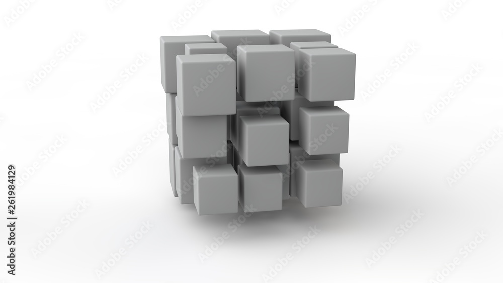 Poster 3d rendering of a set of cubes located in space, of different size, white color, isolated on a white
