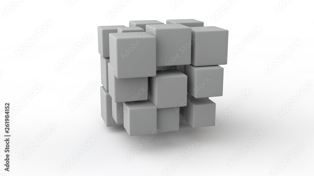 Poster 3d rendering of a set of cubes located in space, of different size, white color, isolated on a white