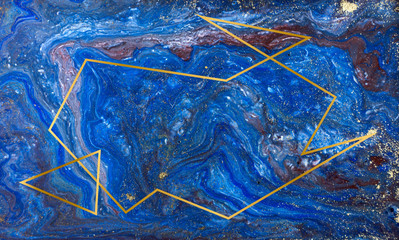 Blue and gold marbling pattern. Golden marble liquid texture.