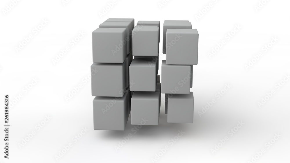 Poster 3d rendering of a set of cubes located in space, of different size, white color, isolated on a white