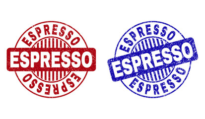 Grunge ESPRESSO round stamp seals isolated on a white background. Round seals with grunge texture in red and blue colors. Vector rubber overlay of ESPRESSO text inside circle form with stripes.