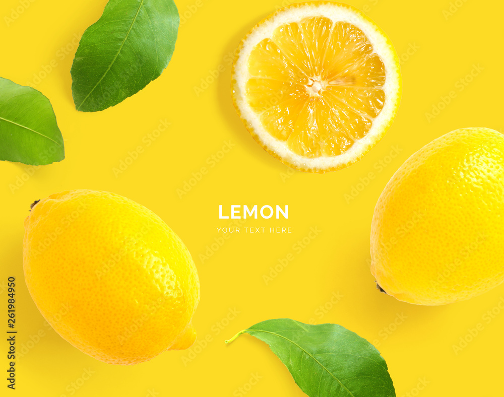 Wall mural creative layout made of lemon. flat lay. food concept. macro concept. yellow background.