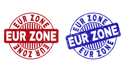 Grunge EUR ZONE round stamp seals isolated on a white background. Round seals with grunge texture in red and blue colors. Vector rubber imitation of EUR ZONE title inside circle form with stripes.