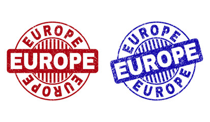 Grunge EUROPE round stamp seals isolated on a white background. Round seals with distress texture in red and blue colors. Vector rubber watermark of EUROPE text inside circle form with stripes.