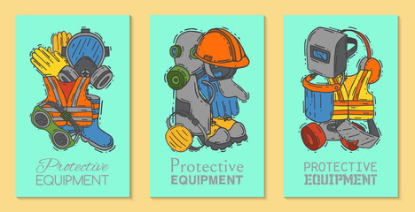 Personal protective equipment for safe work vector illustration. Big sale on health and safety supplies set of banners. Best offer of gloves, helmet, glasses, protection gas mask.