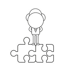 Vector businessman character standing on two connected jigsaw puzzle pieces. Black outline.