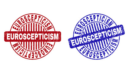 Grunge EUROSCEPTICISM round stamp seals isolated on a white background. Round seals with grunge texture in red and blue colors.