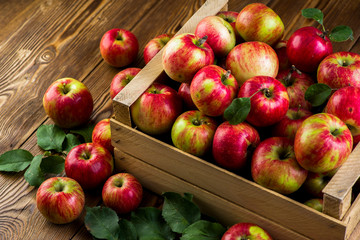 homemade ripe apples with leaves near the box on a wooden table, top view