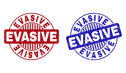 Grunge EVASIVE round stamp seals isolated on a white background. Round seals with grunge texture in red and blue colors. Vector rubber imitation of EVASIVE caption inside circle form with stripes.