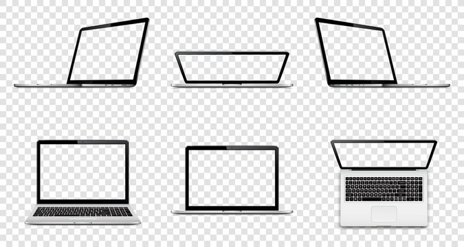 Laptop with transparent screen isolated on transparent background. Perspective, top and front view with blank screen.