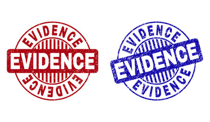 Grunge EVIDENCE round stamp seals isolated on a white background. Round seals with grunge texture in red and blue colors. Vector rubber imitation of EVIDENCE text inside circle form with stripes.