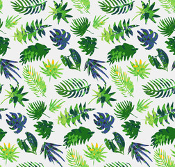Fototapeta na wymiar Vector colorful seamless pattern with tropical plants and leaves, hand painted texture.