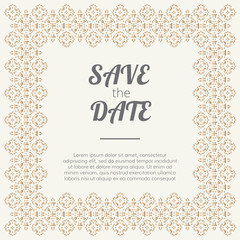 Save the Date invitation. Wedding card with golden ornate frame.