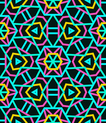 Seamless neon kaleidoscope pattern with an interlinked Ferris wheel effect