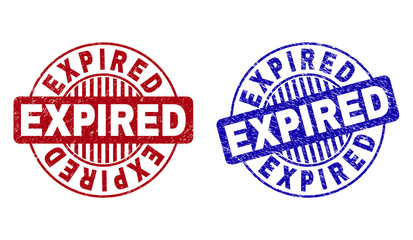 Grunge EXPIRED round stamp seals isolated on a white background. Round seals with distress texture in red and blue colors. Vector rubber overlay of EXPIRED text inside circle form with stripes.