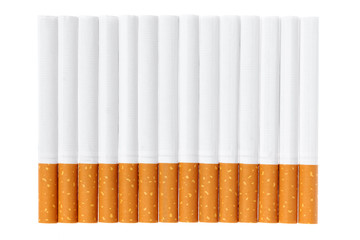 Tobacco smoking. Cigarette close up, isolated on white background.  Bad habit. Nicotine. Drug addiction. Cancer.