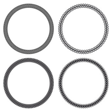 Set Of Car, Motorcycle, Bicycle And Tank Tire Tracks, Isolated On White Background, Seamless Vector Texture