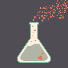 A love potion. Vector illustration with flask and heart-shape bubbles