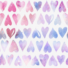 Seamless watercolor pattern with regular colorful hearts