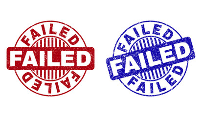 Grunge FAILED round stamp seals isolated on a white background. Round seals with distress texture in red and blue colors. Vector rubber imitation of FAILED tag inside circle form with stripes.