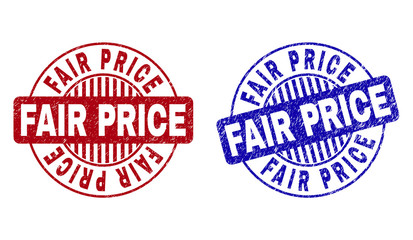 Grunge FAIR PRICE round stamp seals isolated on a white background. Round seals with grunge texture in red and blue colors. Vector rubber imprint of FAIR PRICE label inside circle form with stripes.