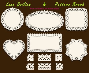 Set of delicate openwork White Lace pattern brush and different lacy napkins, doilies and tracery elements. - obrazy, fototapety, plakaty
