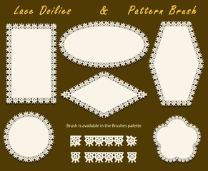 Lace napkins of different shapes in a set with a pattern brush. Doilies and tracery elements. Vector illustration