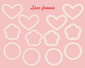 Collection of white lace frames of different shapes circle, heart and flower. Openwork vintage elements isolated on a pink background. - obrazy, fototapety, plakaty