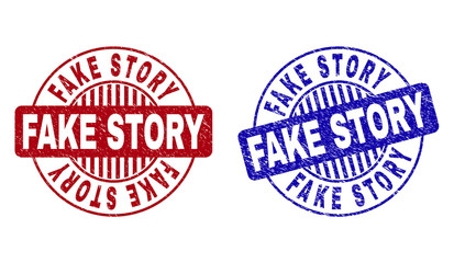 Grunge FAKE STORY round stamp seals isolated on a white background. Round seals with distress texture in red and blue colors.